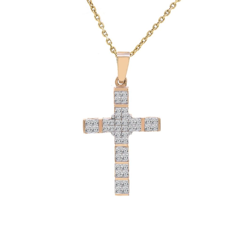 1.00 Ct. Tw. Princess Cut Cross Diamond Pendant 14k Gold Necklace